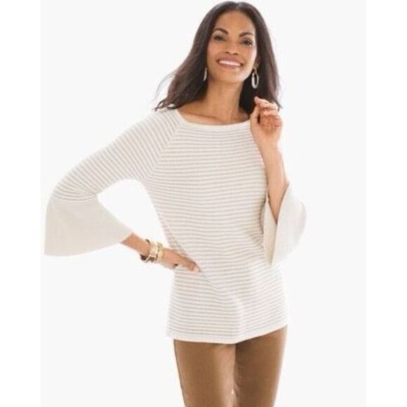 Chico’s size Medium bell sleeve tunic sweater in cream & gold - Picture 1 of 8
